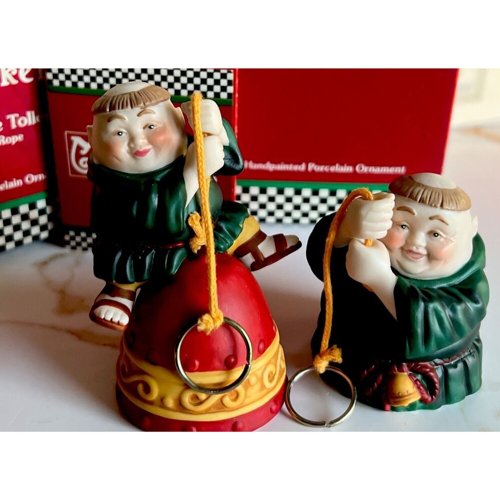 1990s Dept 56 Merry Makers Baldric & Tolland Bell Monk Ornaments Set of 2